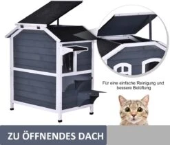PawHut Kattenhuis Voor Buiten Kattenhut Met 2 Verdiepingen Kattenvilla, Asfaltdak, Massief Hout Grijs D30-236 -PetSafe Huisdieren Verkoopwinkel 1200x1026 4