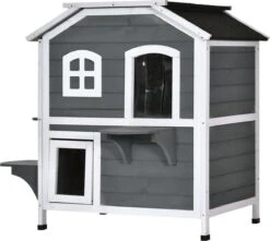 PawHut Kattenhuis Voor Buiten Kattenhut Met 2 Verdiepingen Kattenvilla, Asfaltdak, Massief Hout Grijs D30-236 -PetSafe Huisdieren Verkoopwinkel 1200x1074 2