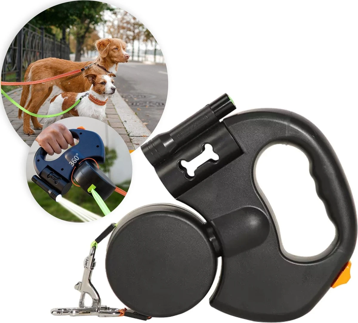 Dubbele Honden Riem – Leiband Hond – Hondenlijn – Looplijn Hond – 2 Honden – 3 Meter – Tot 12kg Per Hond – Reflecterende Lijnen – Met Zaklamp – 360° Draaien – Verstelbaar - Zwart 1 Dubbele Honden Riem – Leiband Hond – Hondenlijn – Looplijn Hond – 2 Honden – 3 Meter – Tot 12kg Per Hond – Reflecterende Lijnen – Met Zaklamp – 360° Draaien – Verstelbaar - Zwart