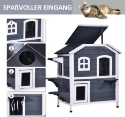 PawHut Kattenhuis Voor Buiten Kattenhut Met 2 Verdiepingen Kattenvilla, Asfaltdak, Massief Hout Grijs D30-236 -PetSafe Huisdieren Verkoopwinkel 1200x1130 1