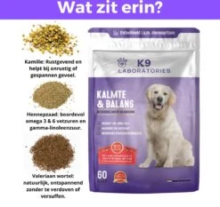 K9 Laboratories - Kalmte & Balans - Supplement - Voor Honden - Tegen Angst - Stress - Agressie - L-tryptofaan - Valeriaan - Hennepzaadolie - 60 Stuks - Voor Een Rustige Hond -PetSafe Huisdieren Verkoopwinkel 1200x1133