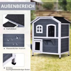 PawHut Kattenhuis Voor Buiten Kattenhut Met 2 Verdiepingen Kattenvilla, Asfaltdak, Massief Hout Grijs D30-236 -PetSafe Huisdieren Verkoopwinkel 1200x1200 471