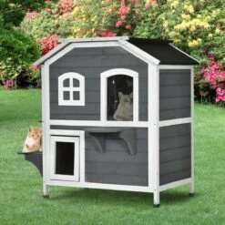 PawHut Kattenhuis Voor Buiten Kattenhut Met 2 Verdiepingen Kattenvilla, Asfaltdak, Massief Hout Grijs D30-236 -PetSafe Huisdieren Verkoopwinkel 1200x1200 472