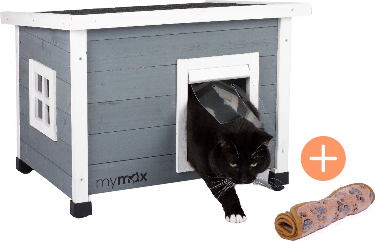 MyMax Kattenhuis - Hout - Openslaand Bitumen Dak - Kattenhuis Voor Buiten - Kattenhok - Kattenhuisje Hout - Grijs - 57*45*43CM 1 MyMax Kattenhuis - Hout - Openslaand Bitumen Dak - Kattenhuis Voor Buiten - Kattenhok - Kattenhuisje Hout - Grijs - 57*45*43CM