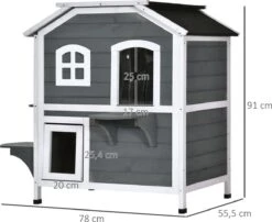PawHut Kattenhuis Voor Buiten Kattenhut Met 2 Verdiepingen Kattenvilla, Asfaltdak, Massief Hout Grijs D30-236 -PetSafe Huisdieren Verkoopwinkel 1200x983 1